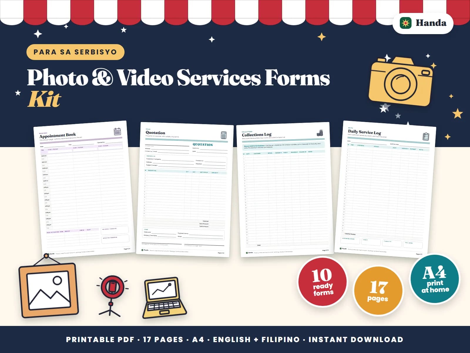 Cover of Photo & Video Services Forms Kit, a printable service business forms kit showing four of its pages