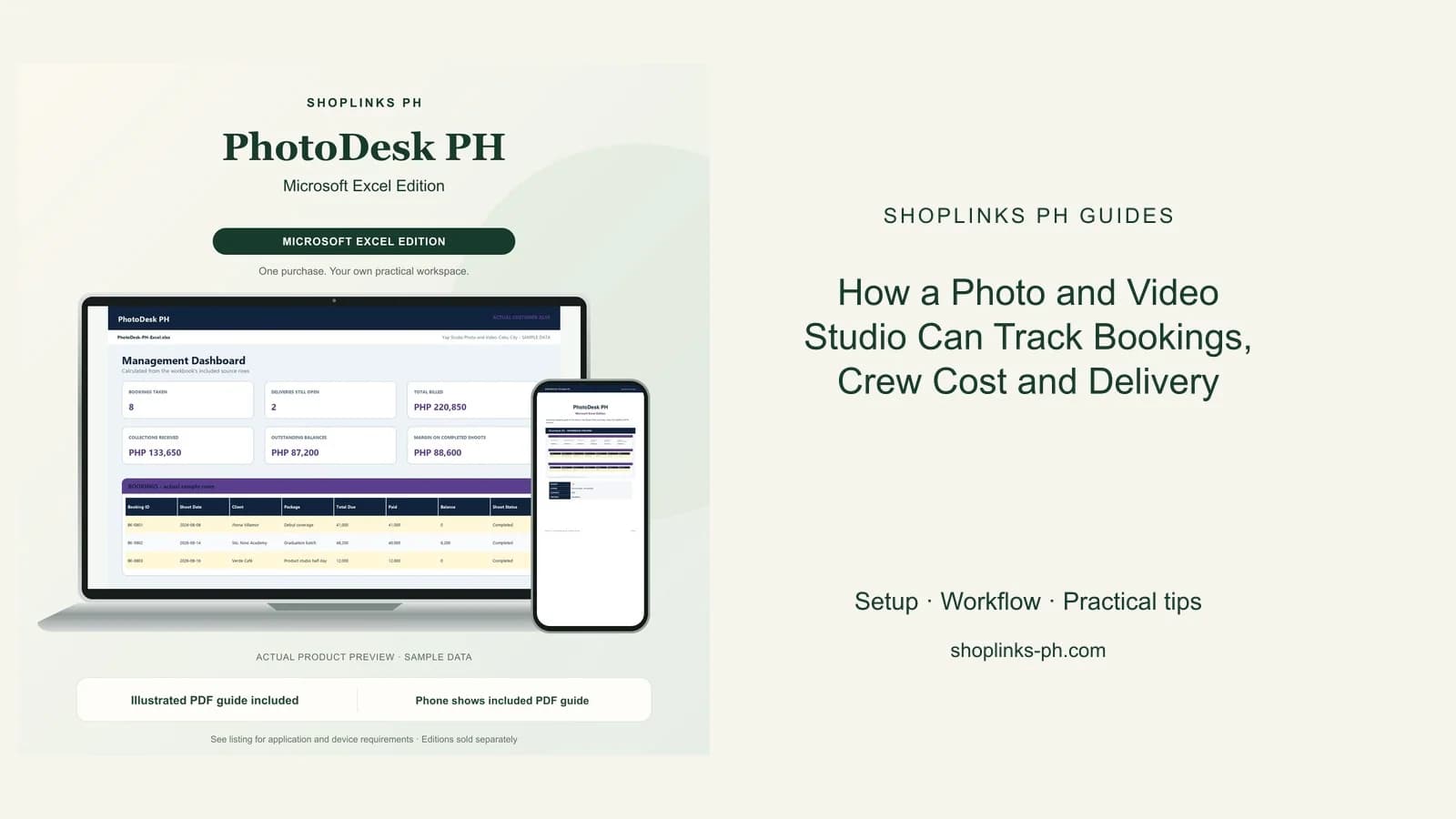 PhotoDesk PH Microsoft Excel Edition dashboard using fictional sample data