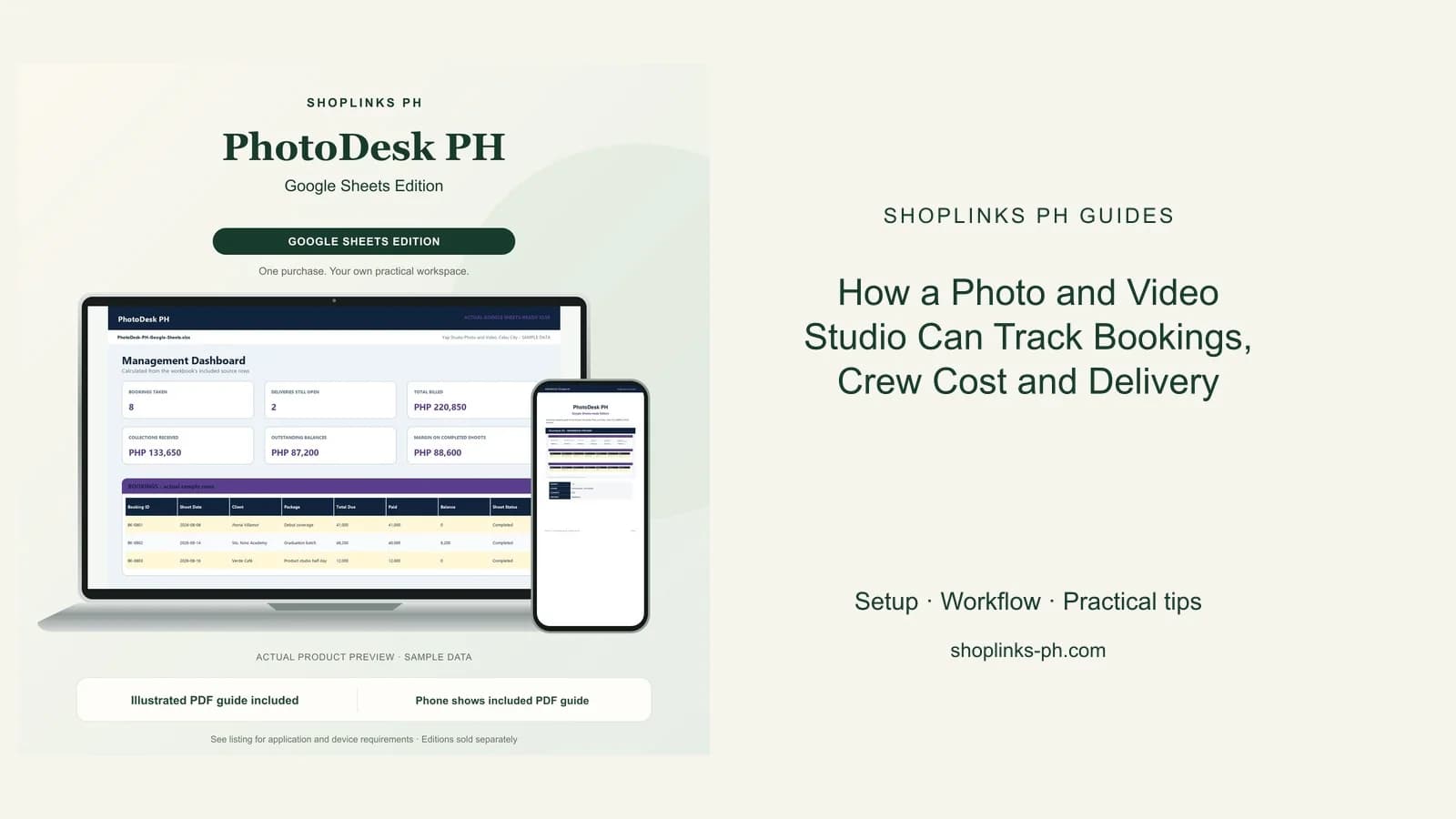 PhotoDesk PH Google Sheets Edition dashboard using fictional sample data