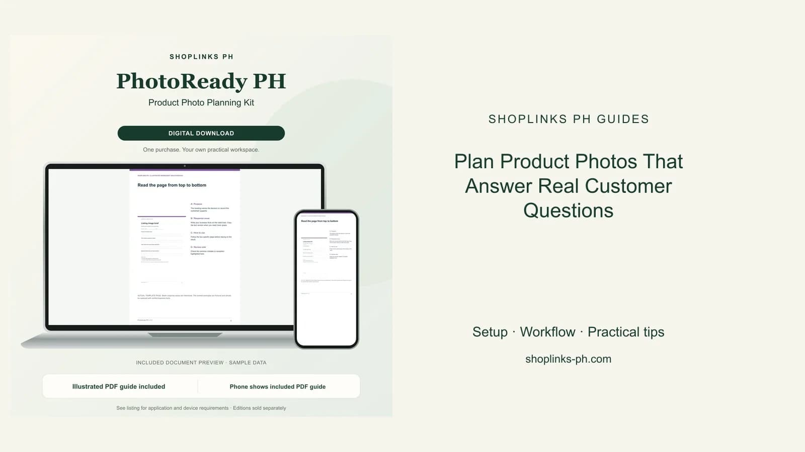 Plan Product Photos That Answer Real Customer Questions: matching product and illustrated guide previews on laptop and phone.