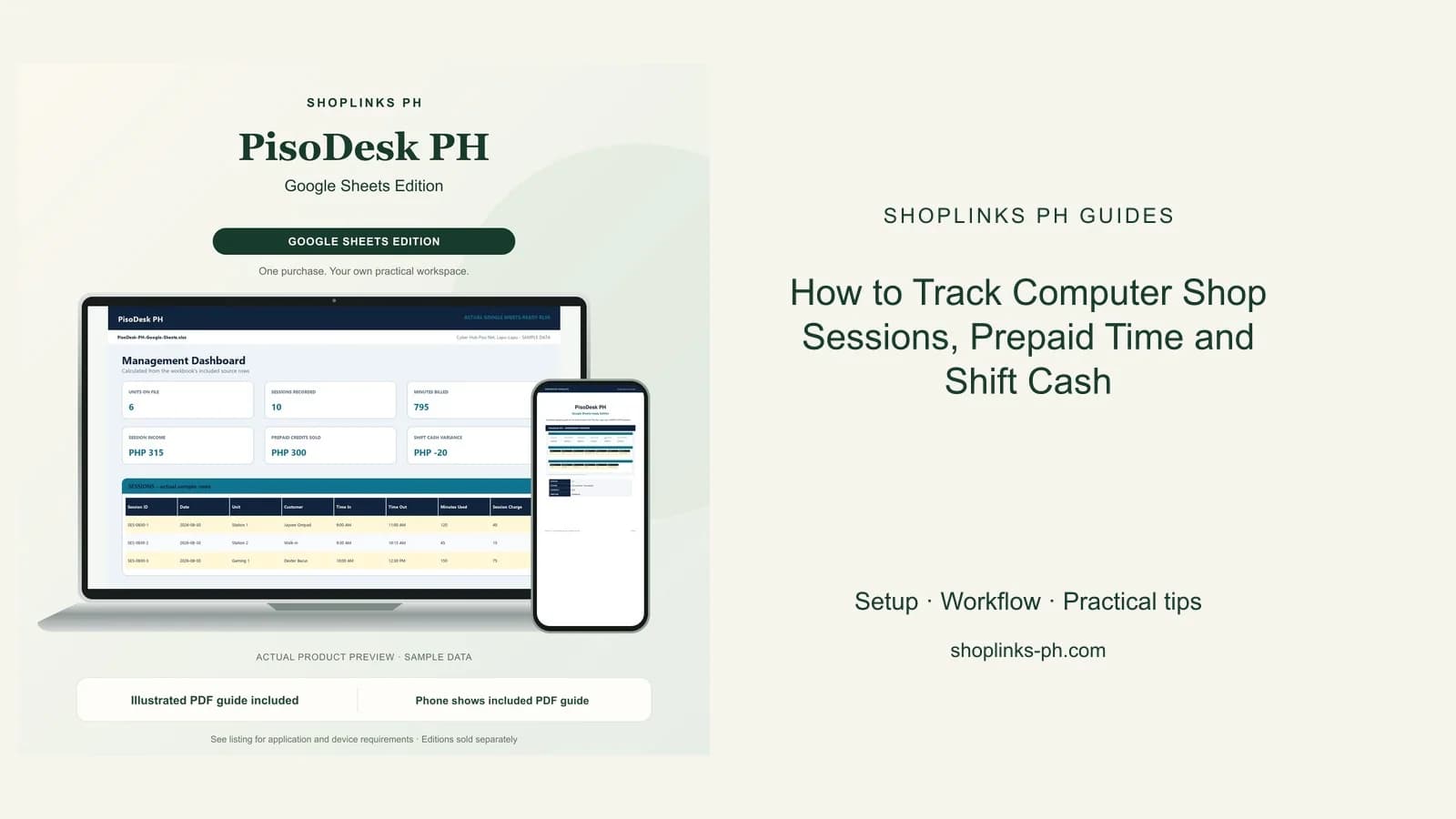 PisoDesk PH Google Sheets Edition dashboard using fictional sample data