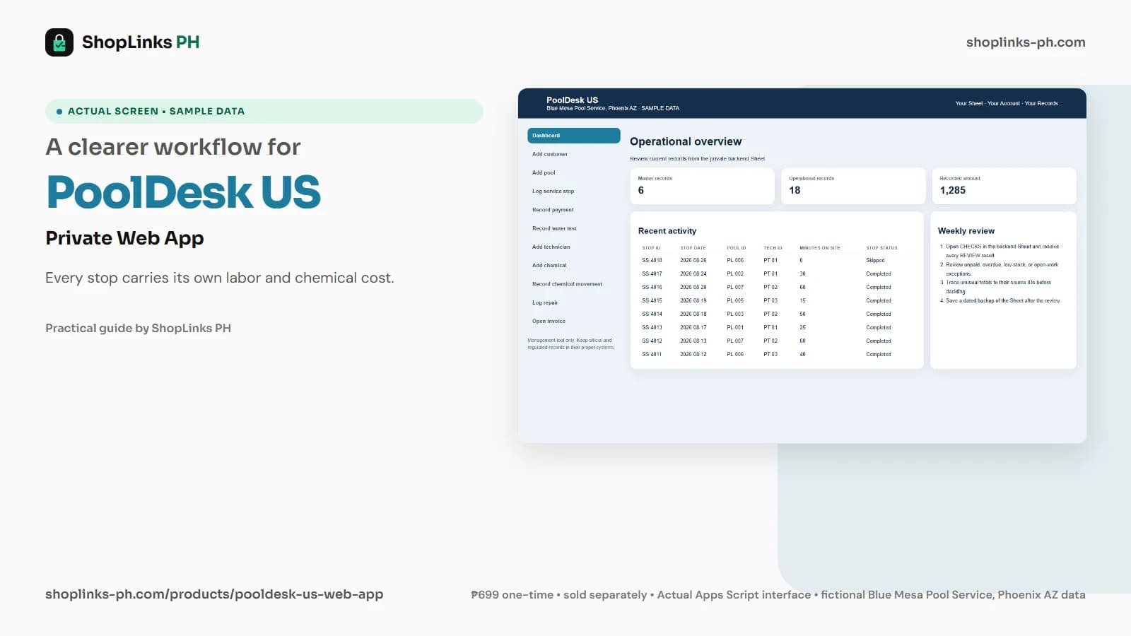 PoolDesk US Private Google Sheets Web App dashboard using fictional sample data