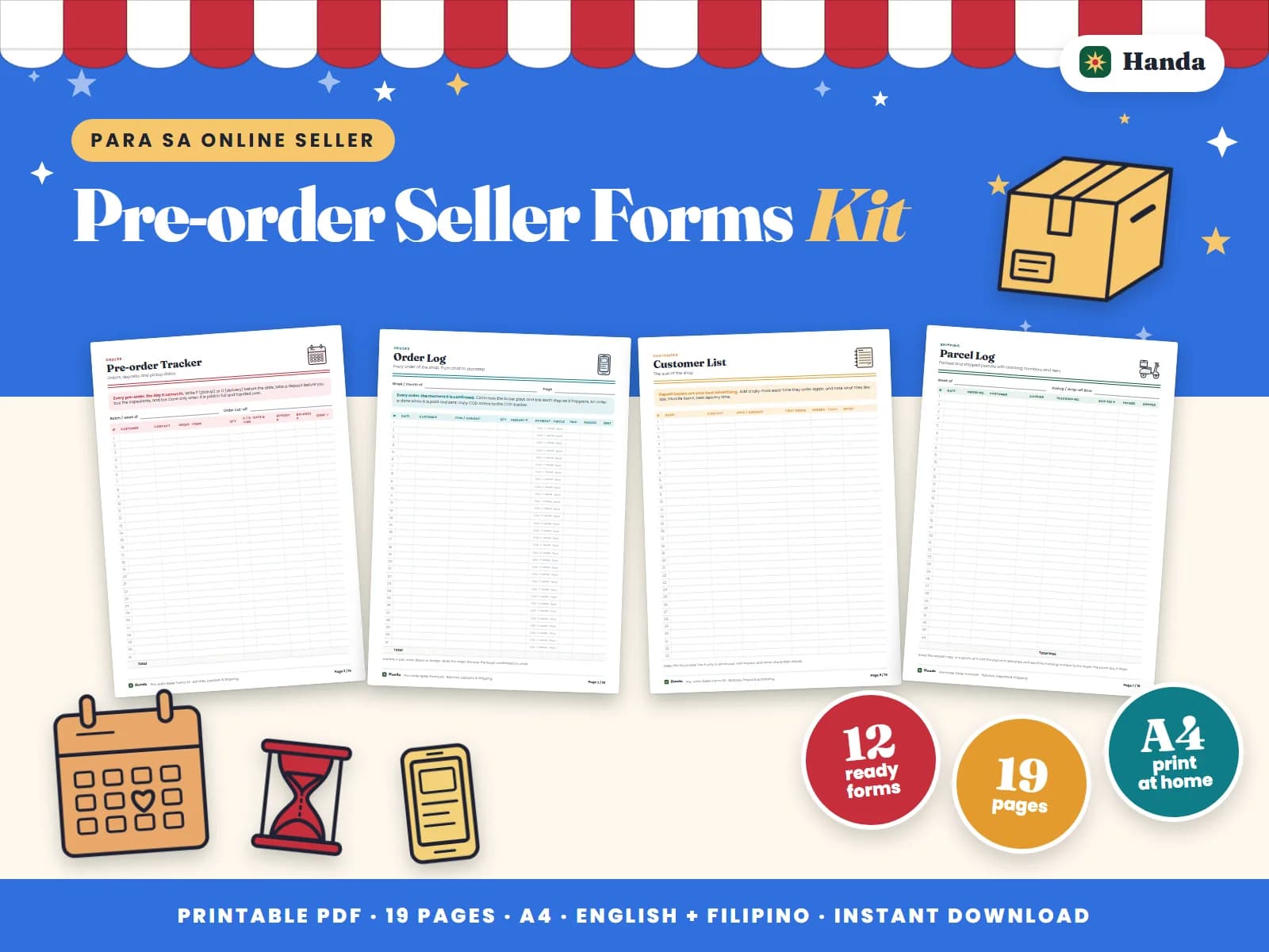 Cover of Pre-order Seller Forms Kit, a printable online seller forms kit showing four of its pages