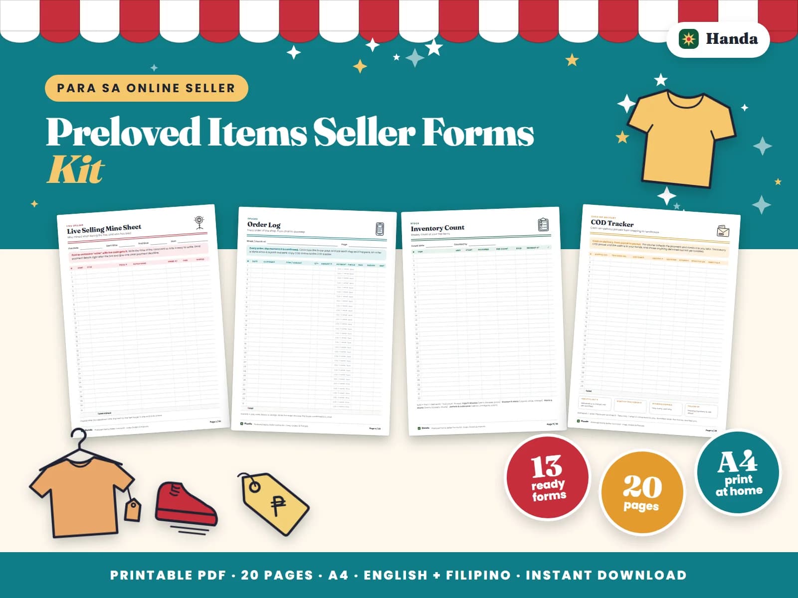 Cover of Preloved Items Seller Forms Kit, a printable online seller forms kit showing four of its pages