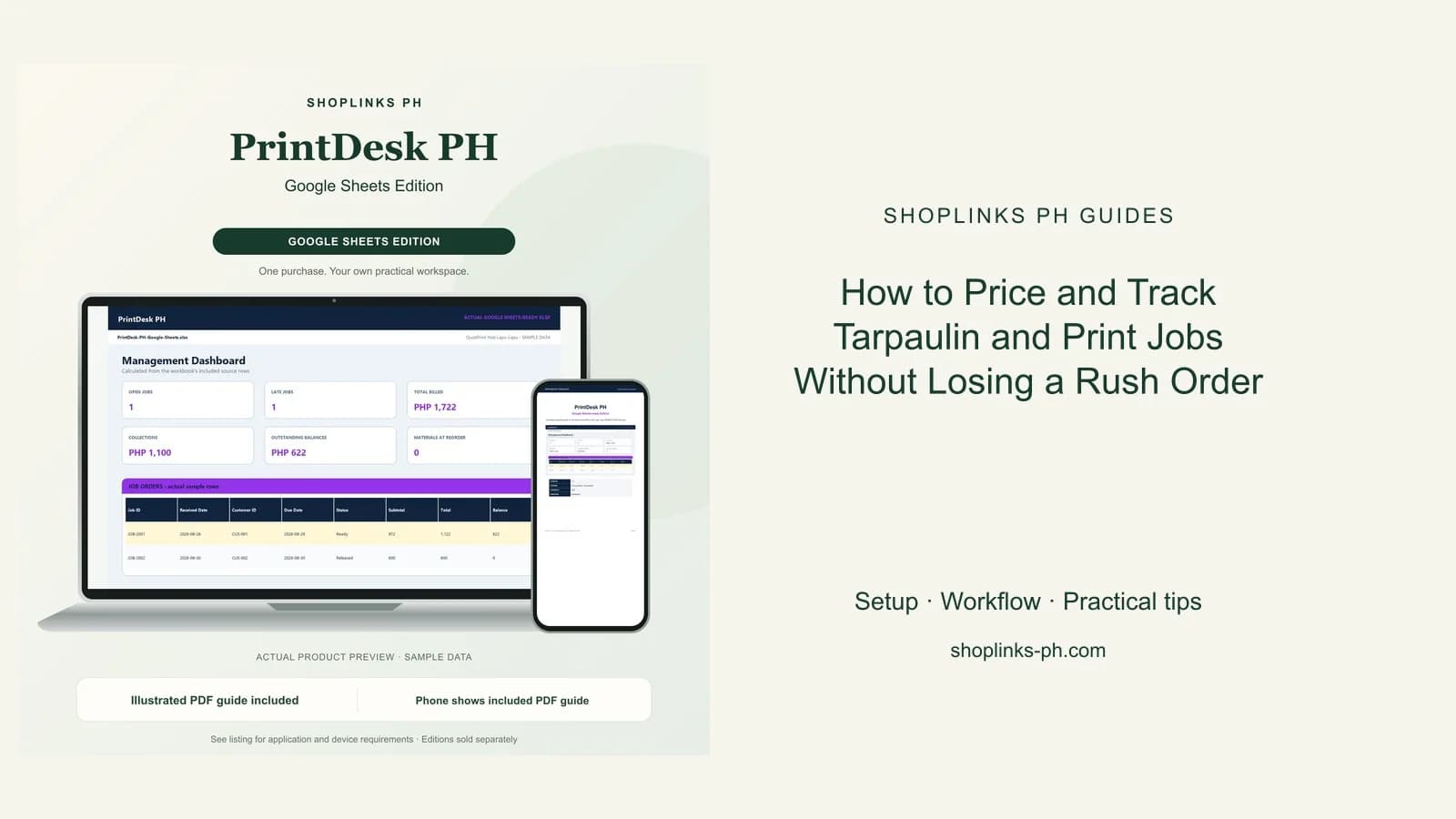 How to Price and Track Tarpaulin and Print Jobs Without Losing a Rush Order: matching product and illustrated guide previews on laptop and phone.