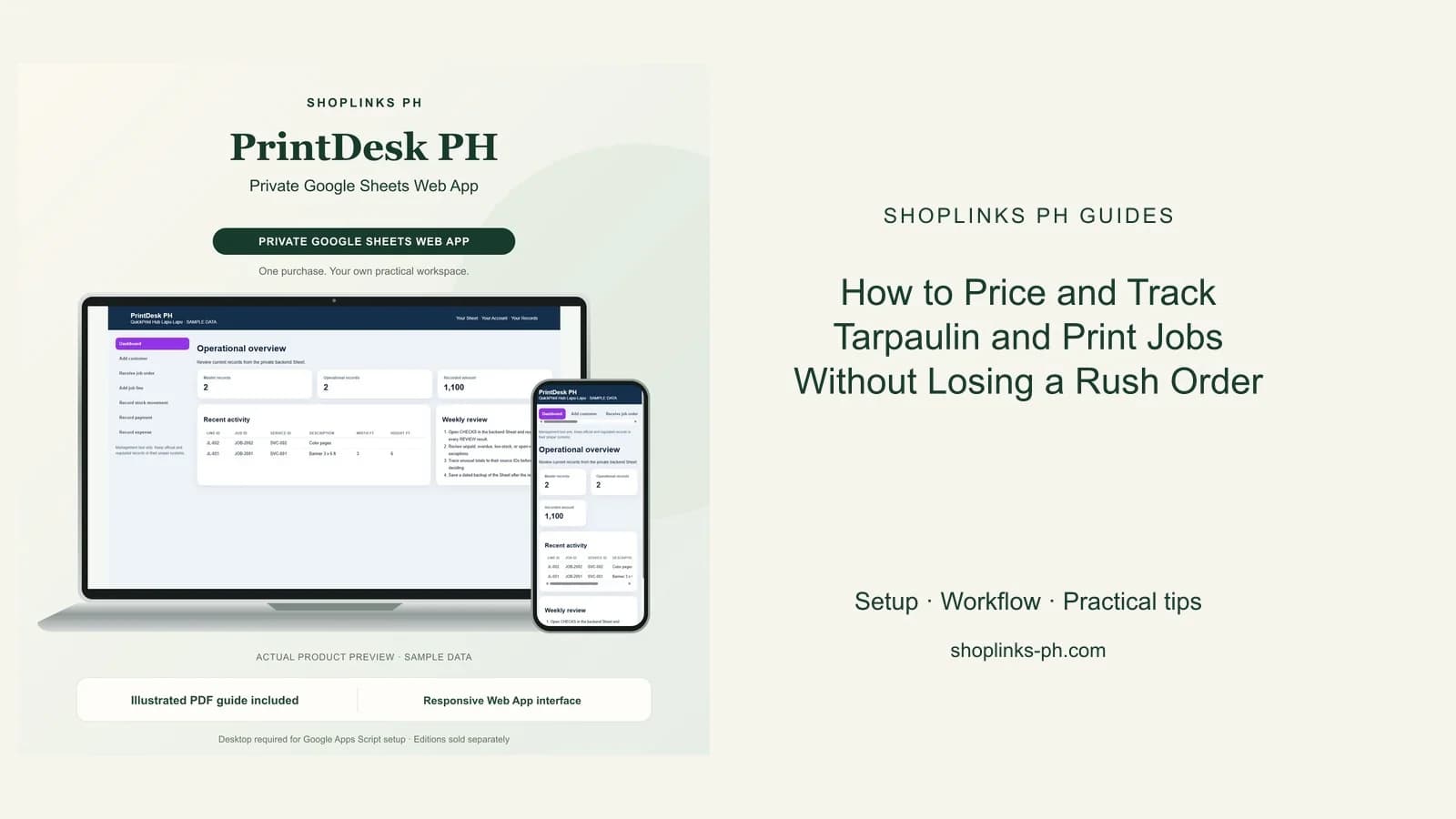 How to Price and Track Tarpaulin and Print Jobs Without Losing a Rush Order: matching product and illustrated guide previews on laptop and phone.