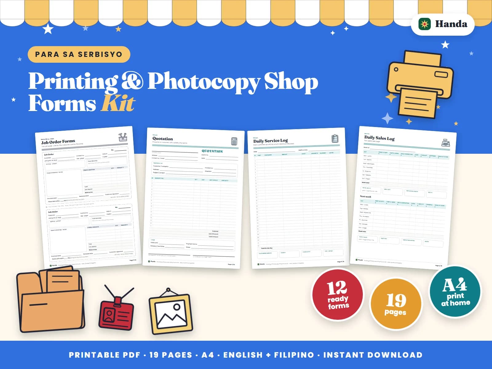 Cover of Printing & Photocopy Shop Forms Kit, a printable service business forms kit showing four of its pages
