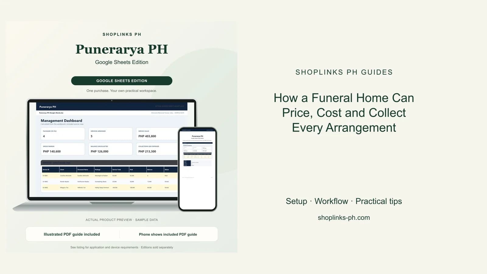 Punerarya PH Google Sheets Edition dashboard using fictional sample data