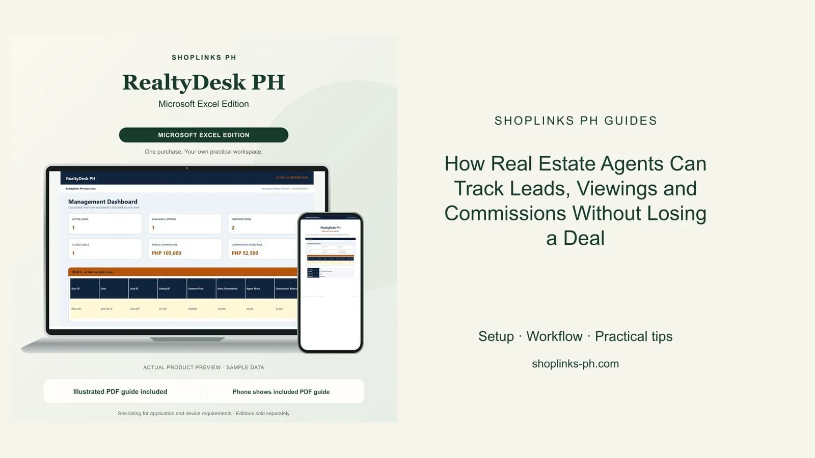 How Real Estate Agents Can Track Leads, Viewings and Commissions Without Losing a Deal: matching product and illustrated guide previews on laptop and phone.
