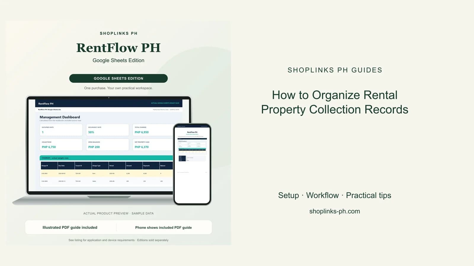 How to Organize Rental Property Collection Records: matching product and illustrated guide previews on laptop and phone.