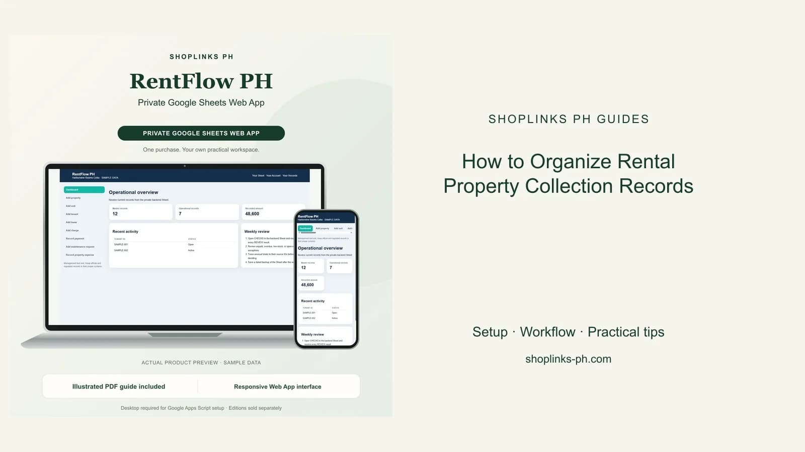 How to Organize Rental Property Collection Records: matching product and illustrated guide previews on laptop and phone.