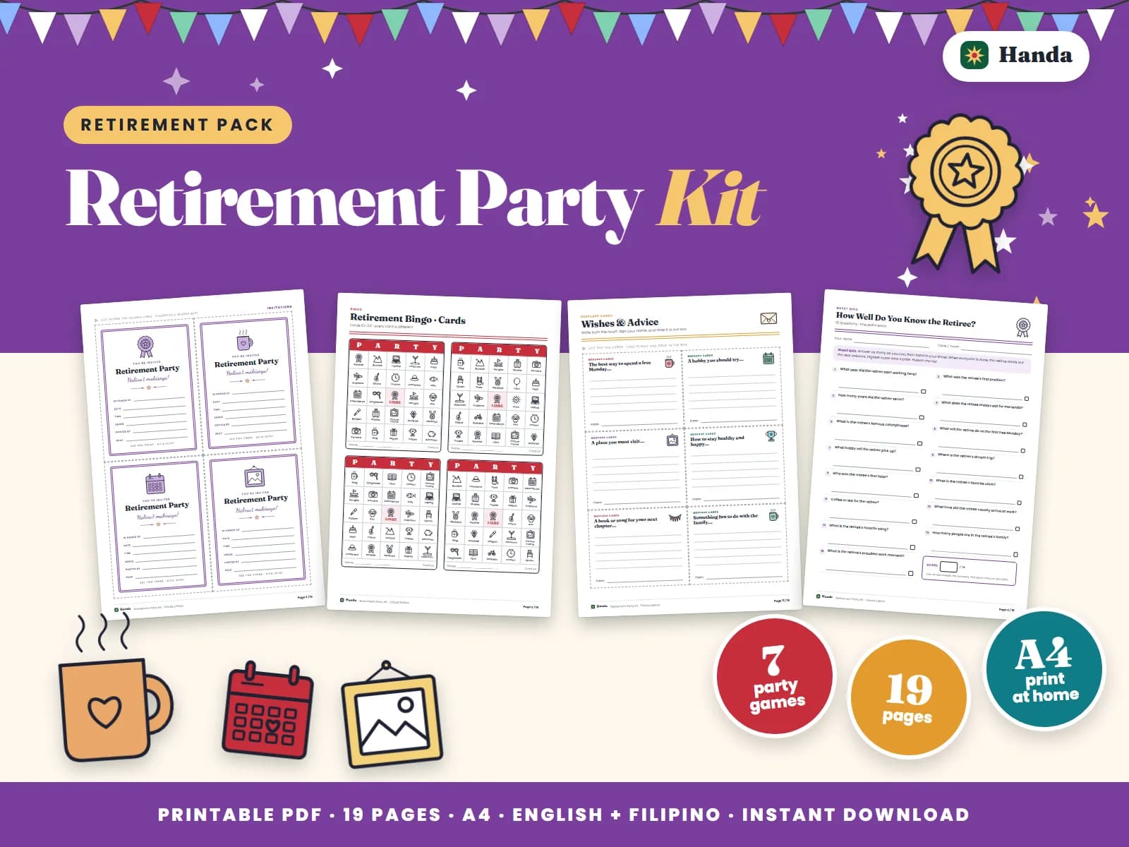 Cover of Retirement Party Kit, a printable party kit showing four of its pages