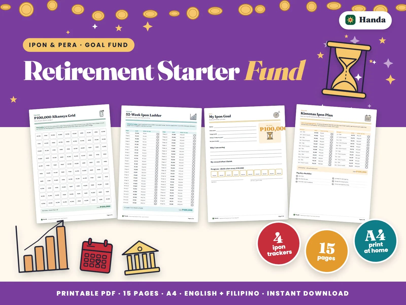 Cover of Retirement Starter Fund, a printable ipon challenge kit showing four of its pages