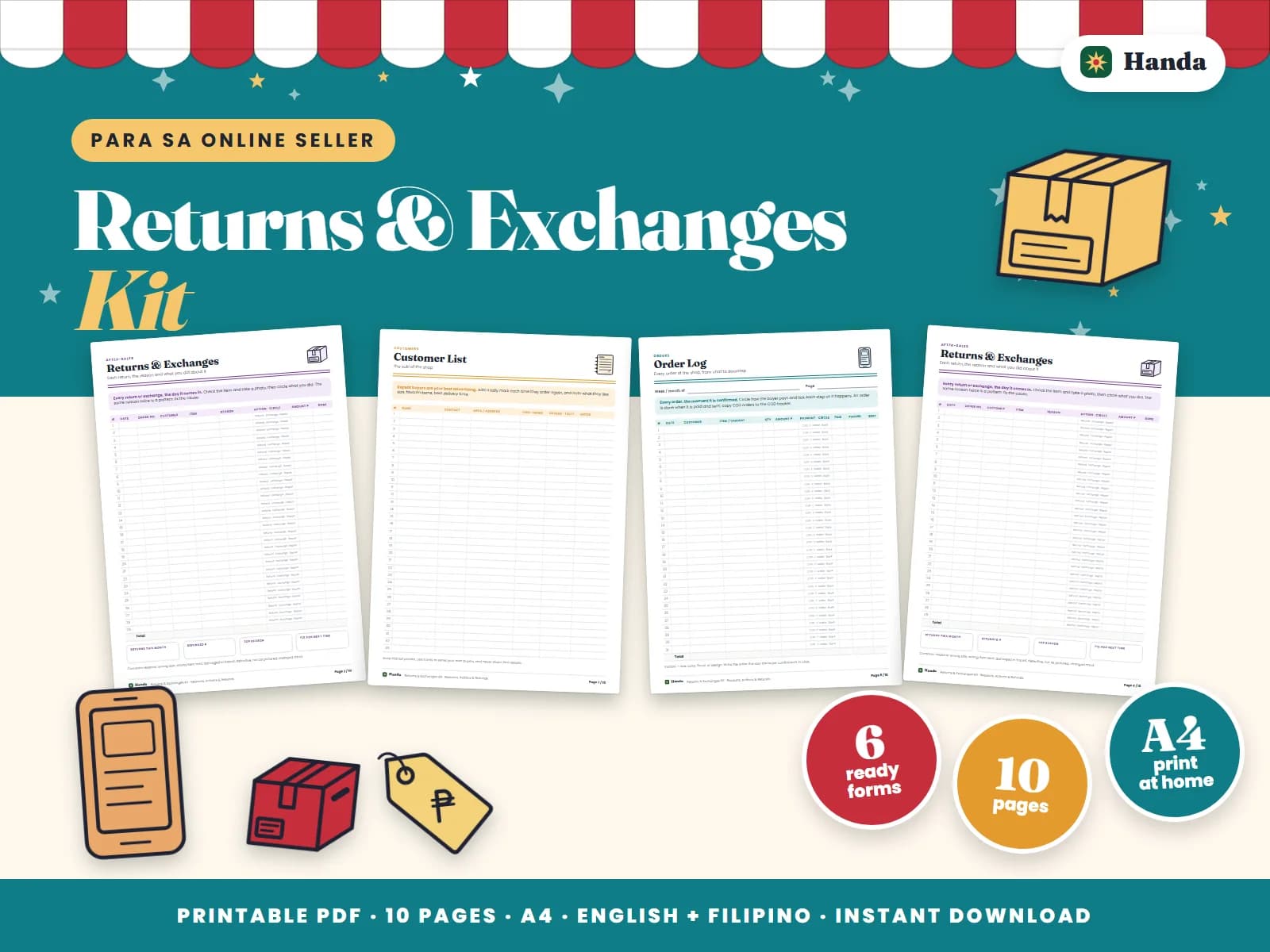 Cover of Returns & Exchanges Kit, a printable online seller forms kit showing four of its pages