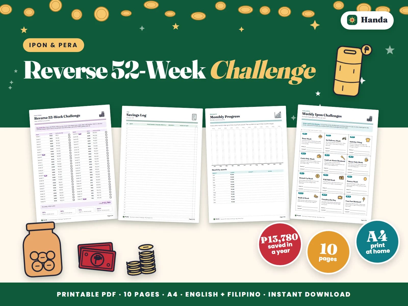 Cover of Reverse 52-Week Challenge, a printable ipon challenge kit showing four of its pages
