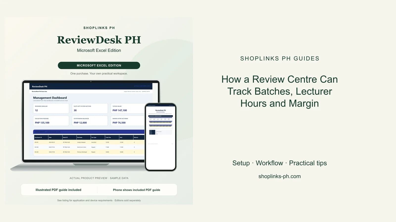 ReviewDesk PH Microsoft Excel Edition dashboard using fictional sample data