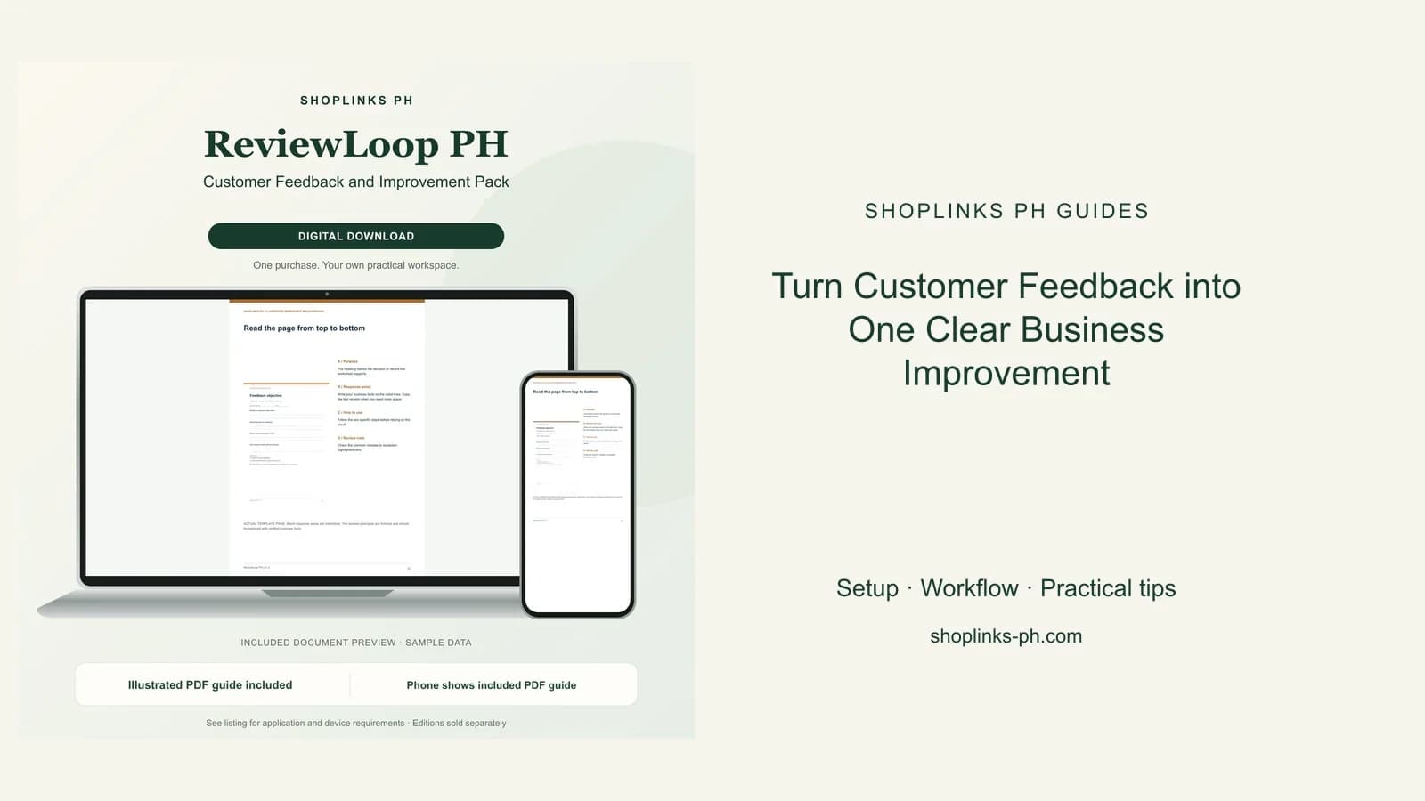 Turn Customer Feedback into One Clear Business Improvement: matching product and illustrated guide previews on laptop and phone.