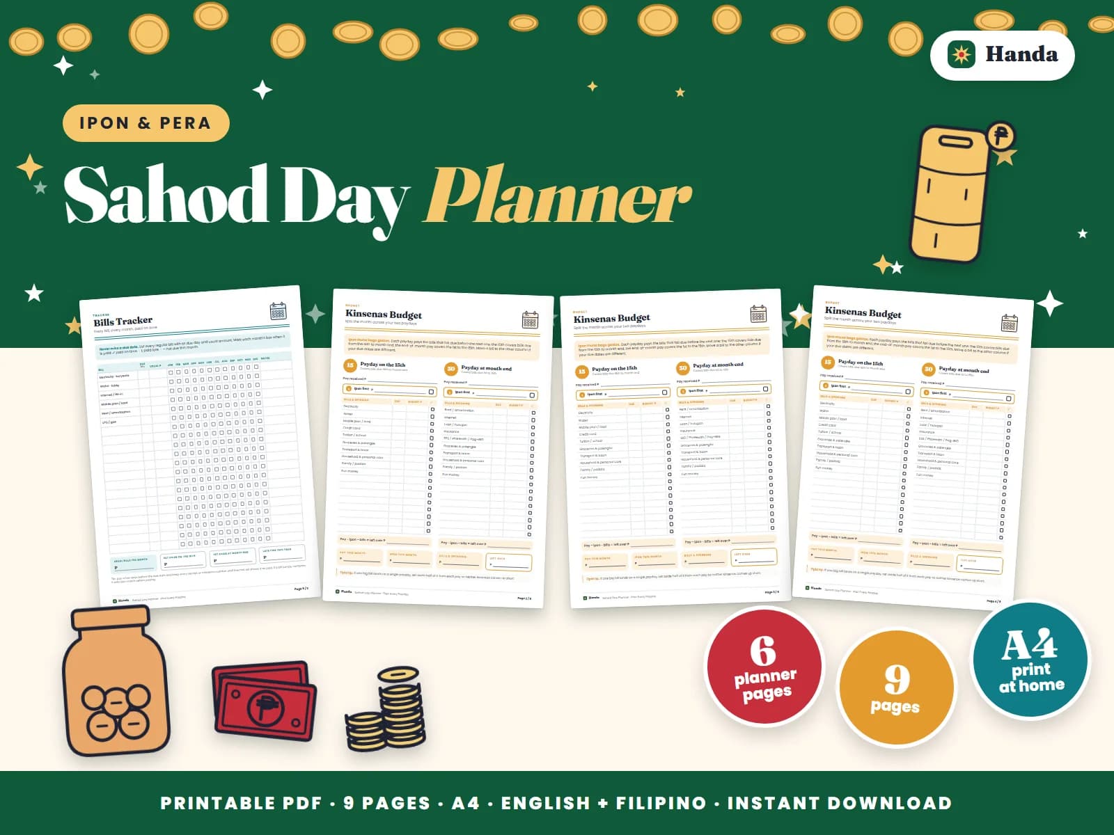 Cover of Sahod Day Planner, a printable budget planner showing four of its pages