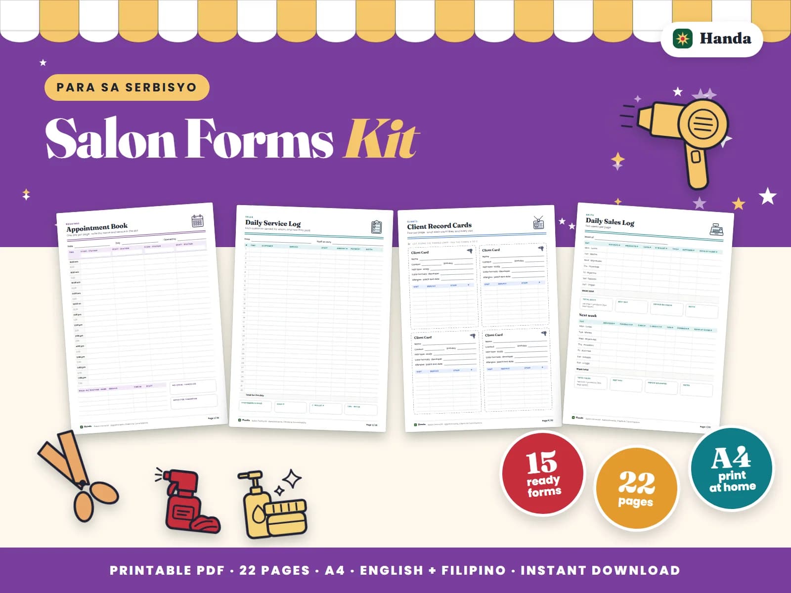 Cover of Salon Forms Kit, a printable service business forms kit showing four of its pages