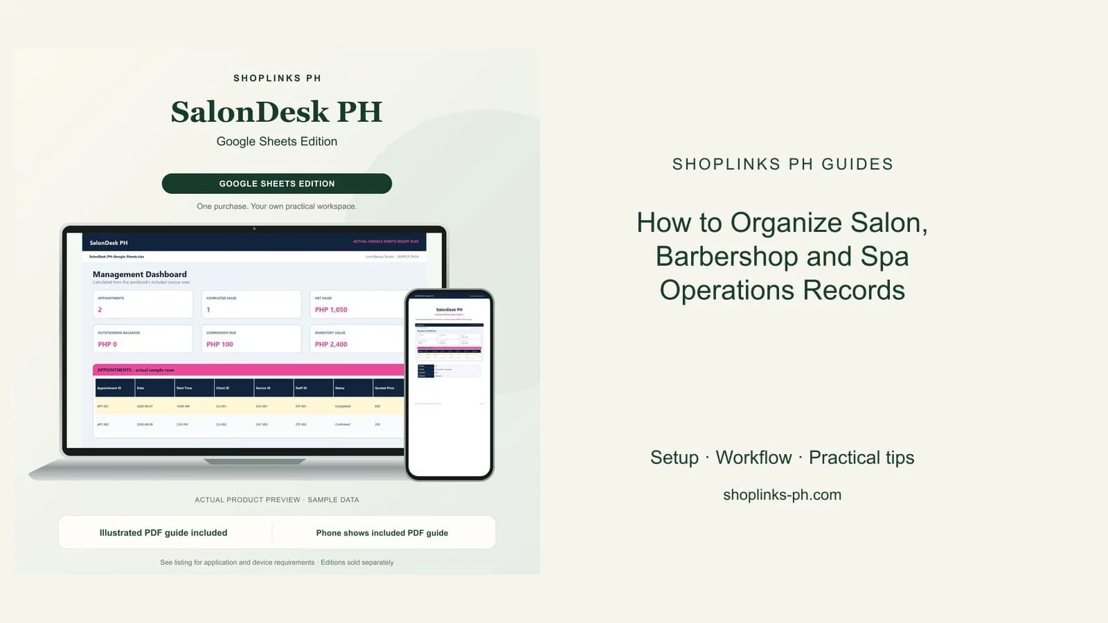How to Organize Salon, Barbershop and Spa Operations Records: matching product and illustrated guide previews on laptop and phone.