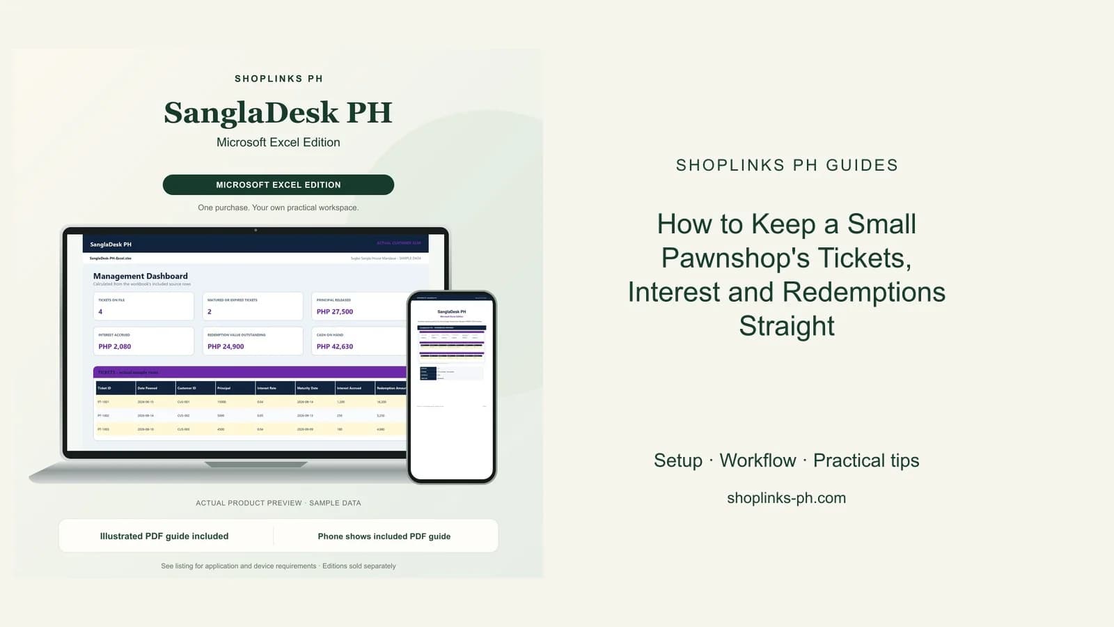 SanglaDesk PH Microsoft Excel Edition dashboard using fictional sample data