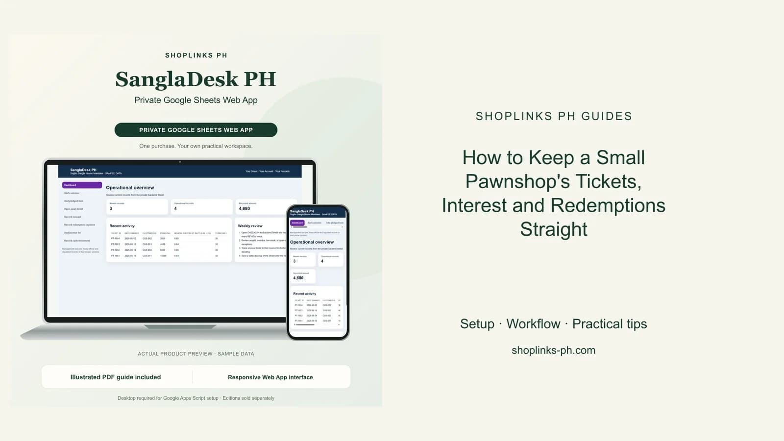 SanglaDesk PH Private Google Sheets Web App dashboard using fictional sample data
