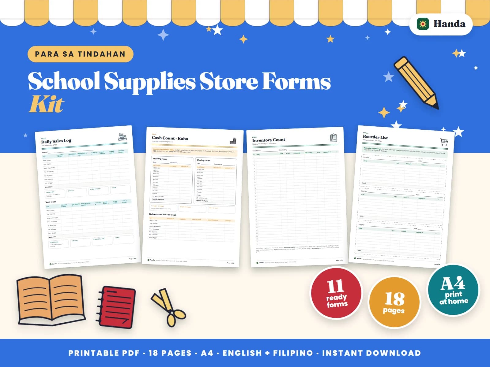 Cover of School Supplies Store Forms Kit, a printable store forms kit showing four of its pages