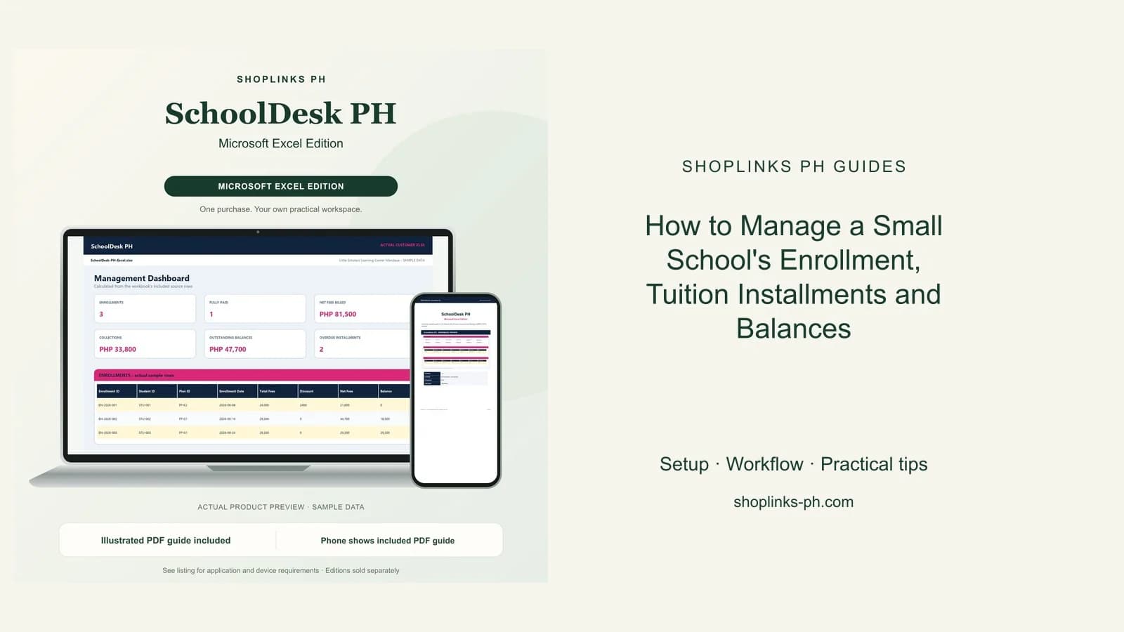 SchoolDesk PH Microsoft Excel Edition dashboard using fictional sample data