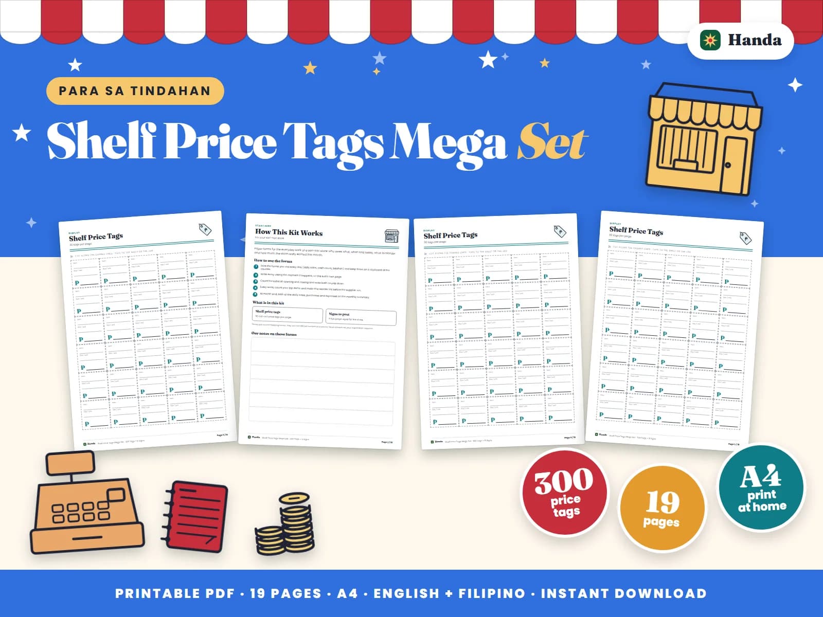 Cover of Shelf Price Tags Mega Set, a printable forms pack showing four of its pages