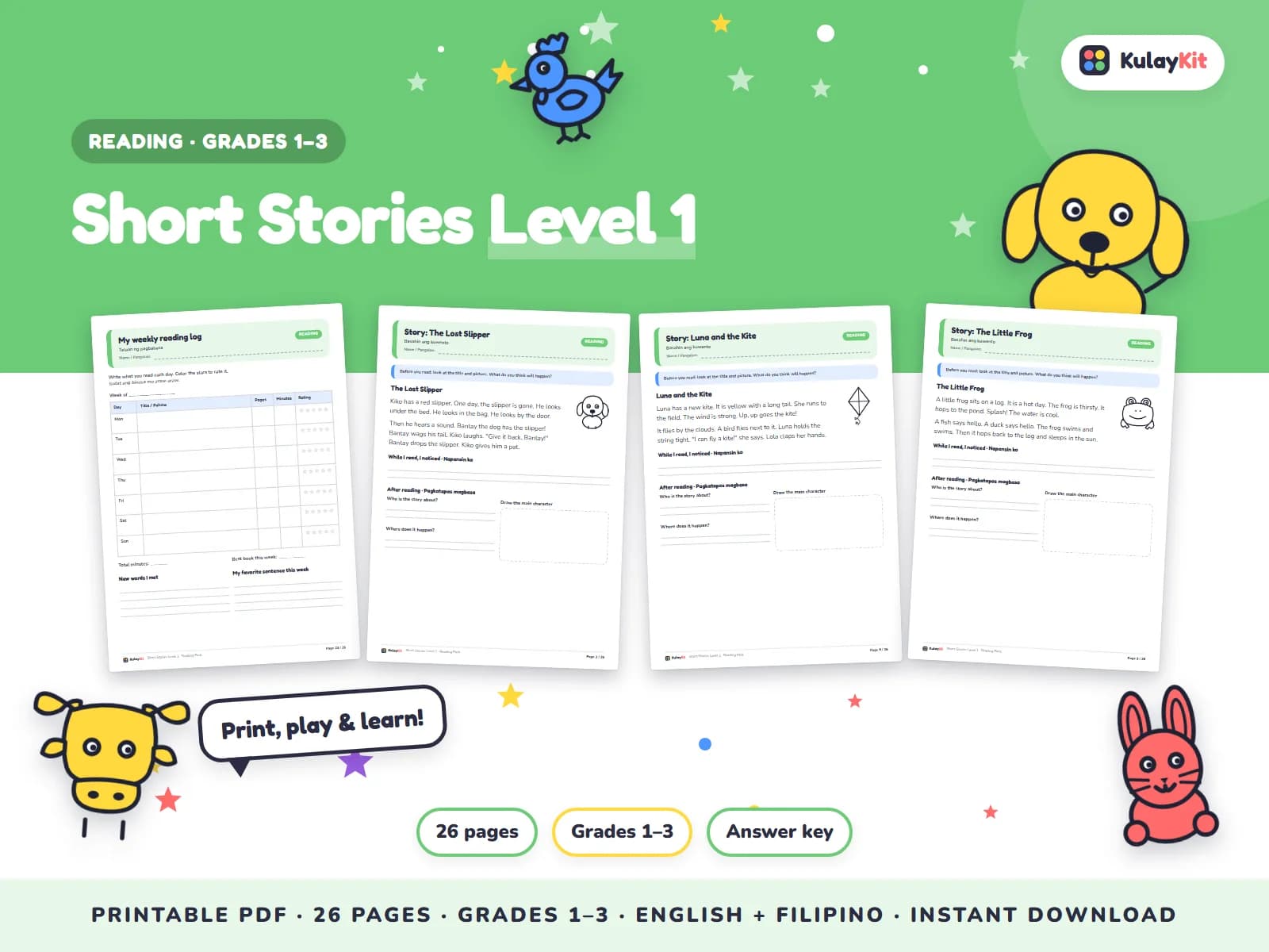 Cover of Short Stories Level 1, a printable pack for kids in Grades 1 to 3, showing four of its pages