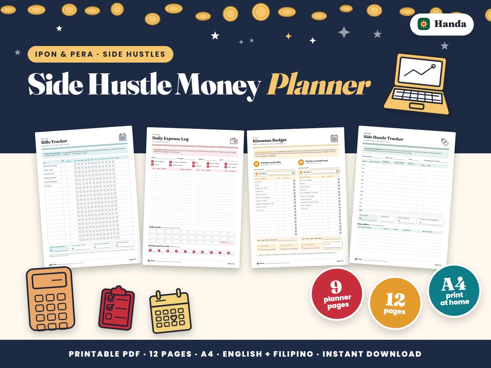 Cover of Side Hustle Money Planner, a printable budget planner showing four of its pages