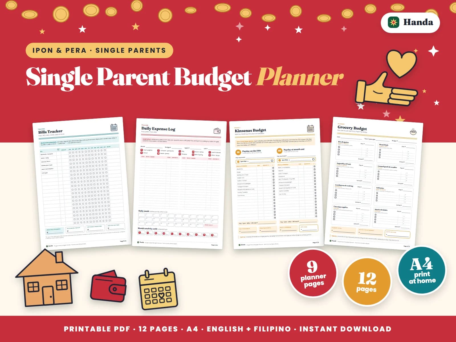 Cover of Single Parent Budget Planner, a printable budget planner showing four of its pages