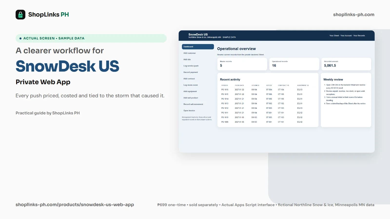 SnowDesk US Private Google Sheets Web App dashboard using fictional sample data