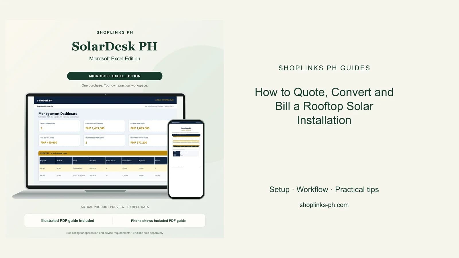 SolarDesk PH Microsoft Excel Edition dashboard using fictional sample data