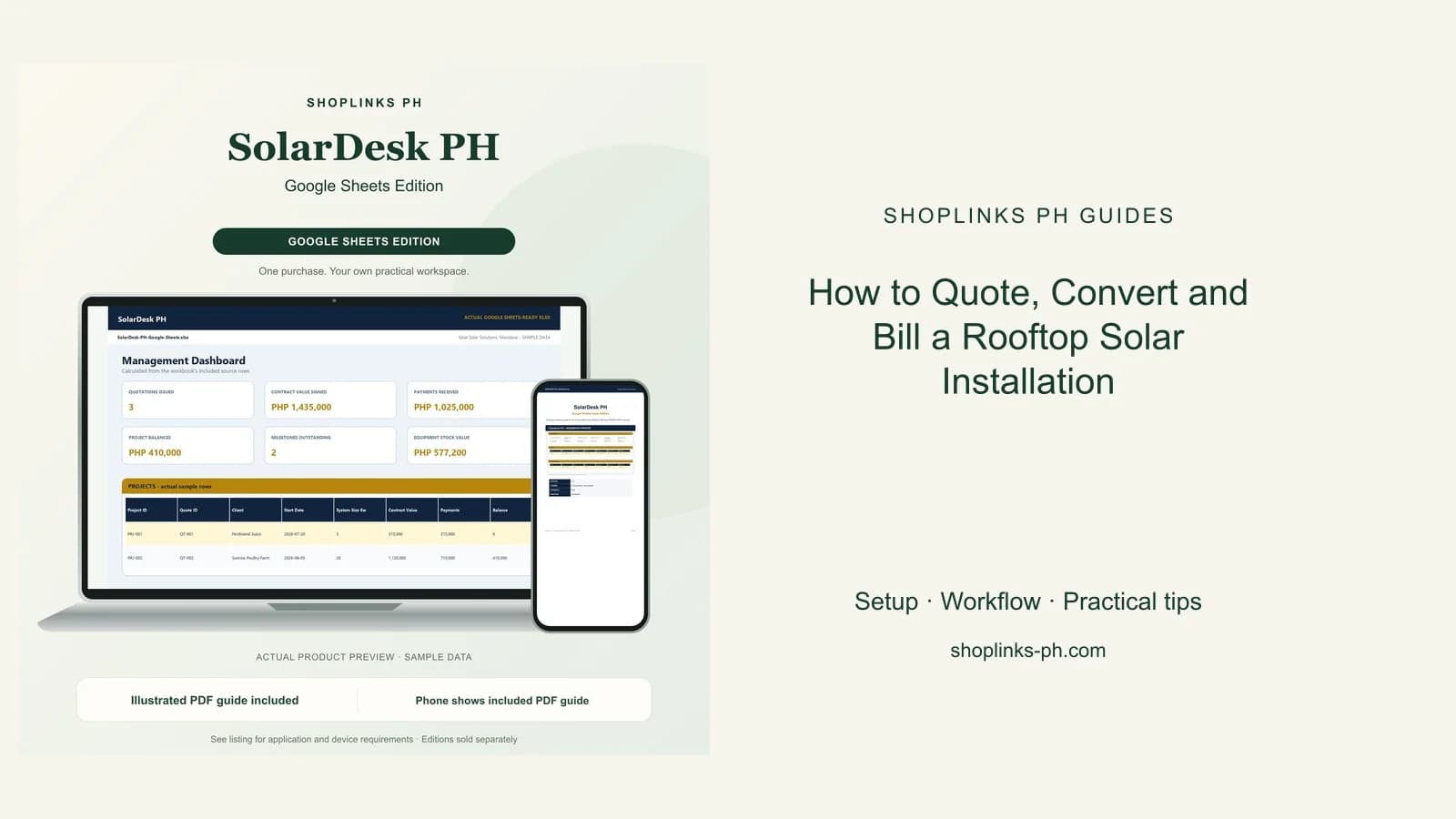 SolarDesk PH Google Sheets Edition dashboard using fictional sample data