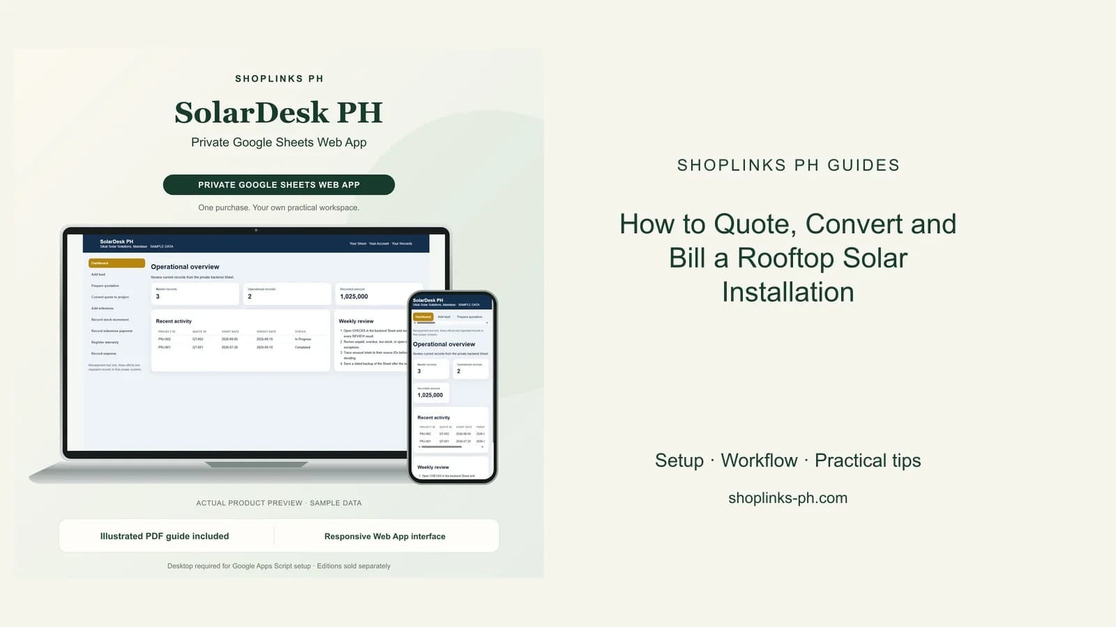 SolarDesk PH Private Google Sheets Web App dashboard using fictional sample data