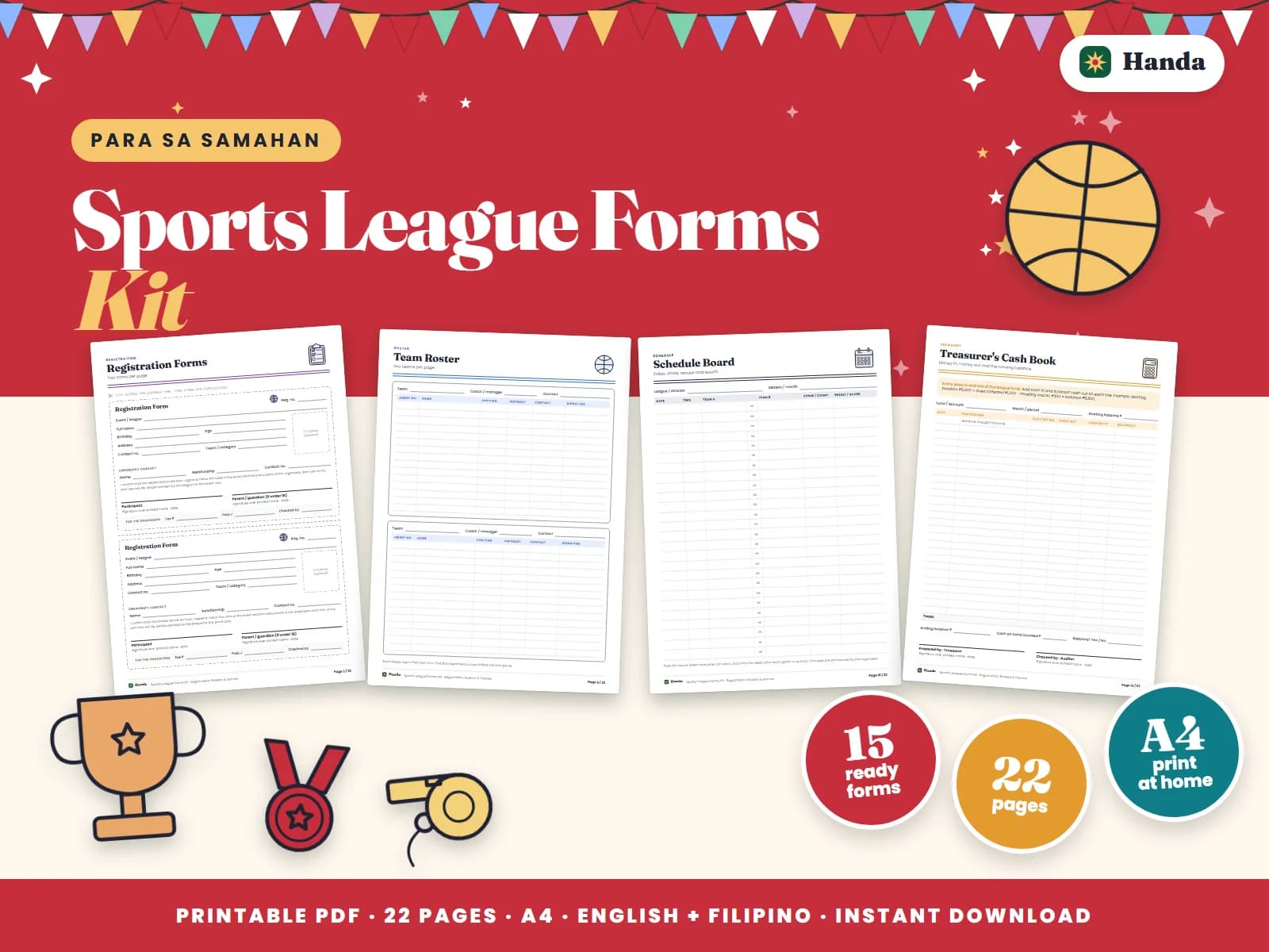 Cover of Sports League Forms Kit, a printable association forms kit showing four of its pages