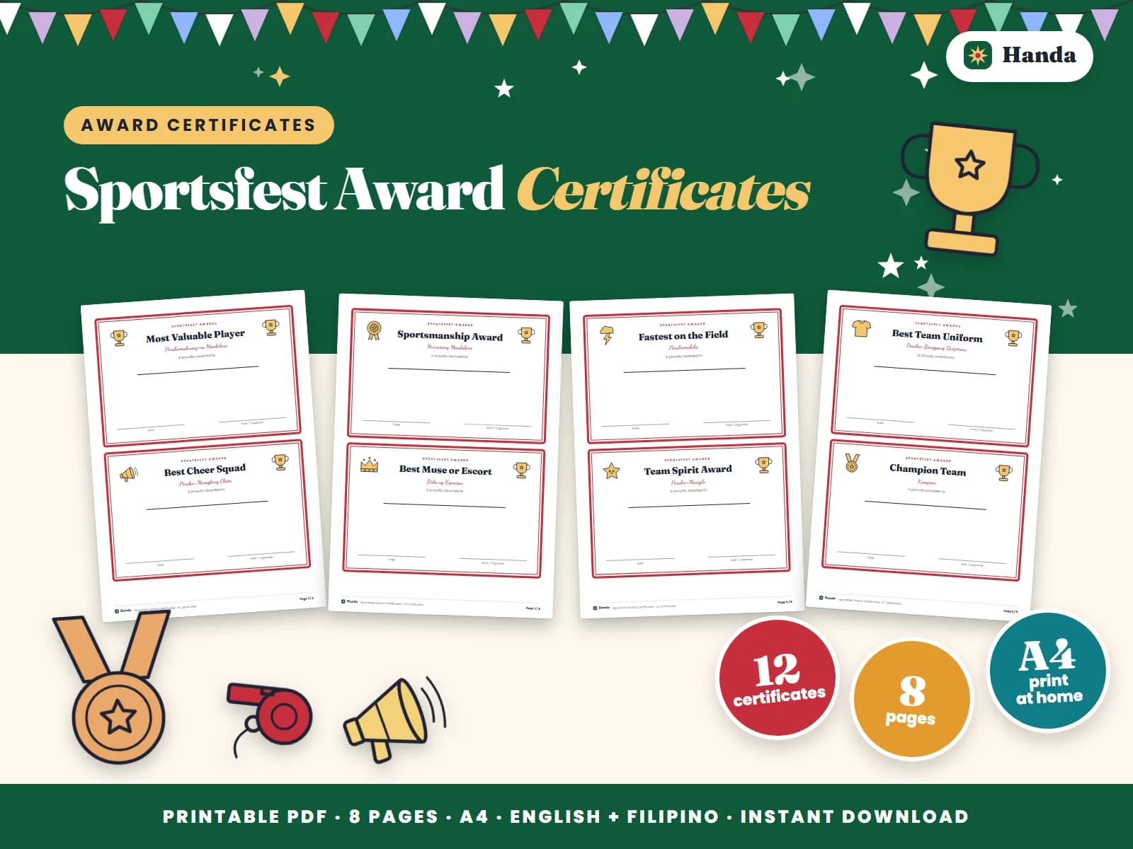 Cover of Sportsfest Award Certificates, a printable award certificate set showing four of its pages
