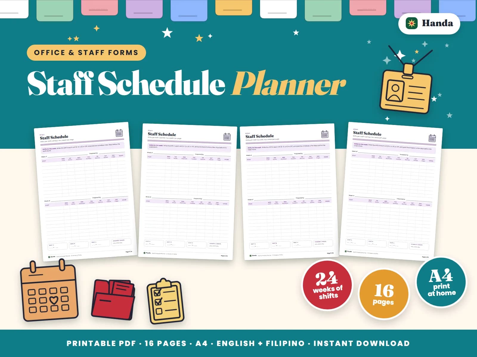 Cover of Staff Schedule Planner, a printable forms pack showing four of its pages