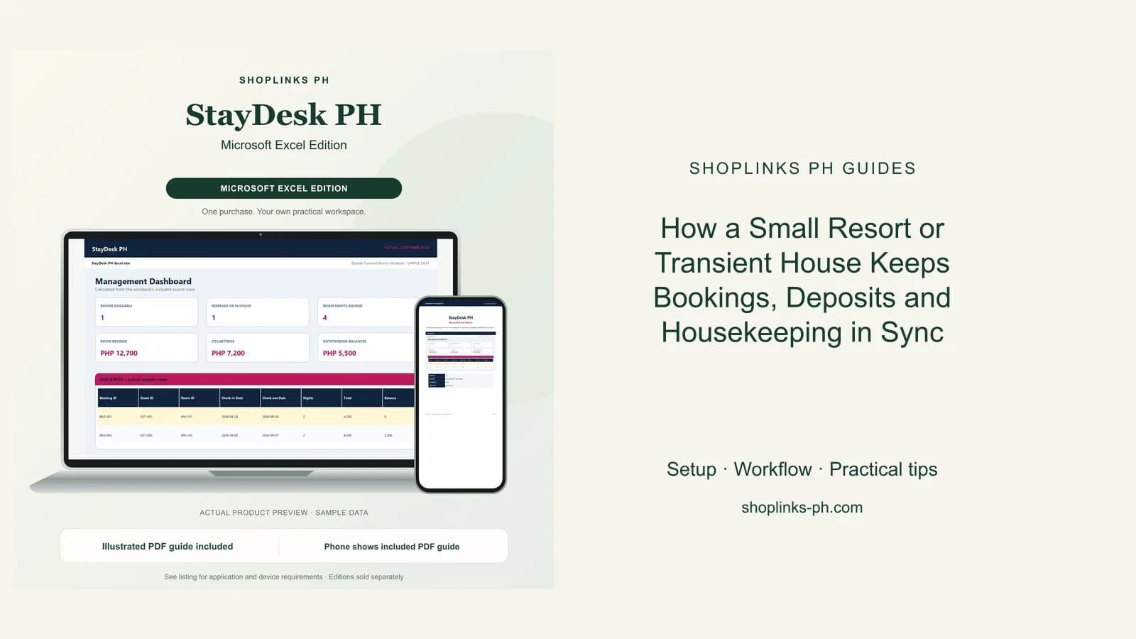 How a Small Resort or Transient House Keeps Bookings, Deposits and Housekeeping in Sync: matching product and illustrated guide previews on laptop and phone.