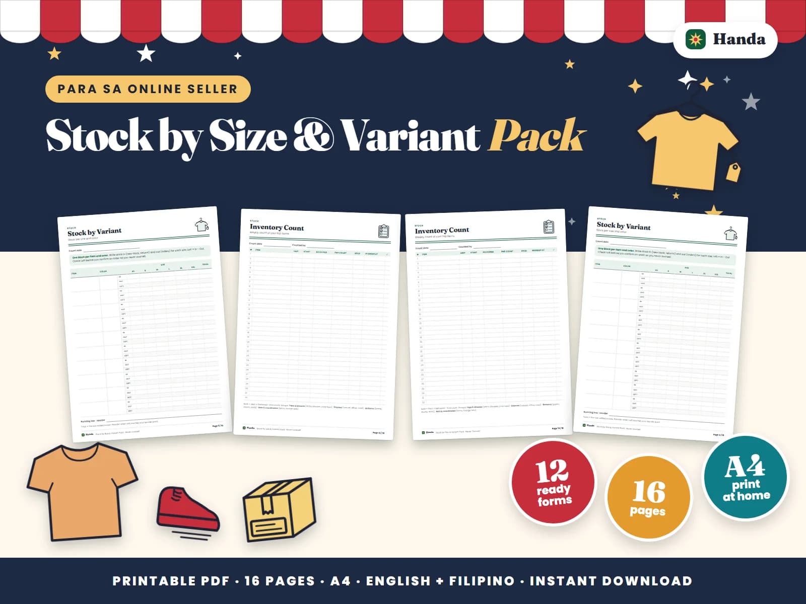 Cover of Stock by Size & Variant Pack, a printable forms pack showing four of its pages