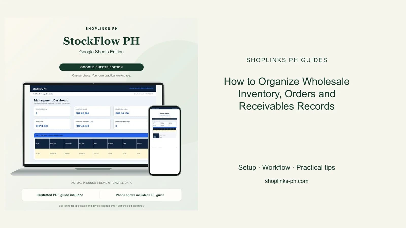 How to Organize Wholesale Inventory, Orders and Receivables Records: matching product and illustrated guide previews on laptop and phone.