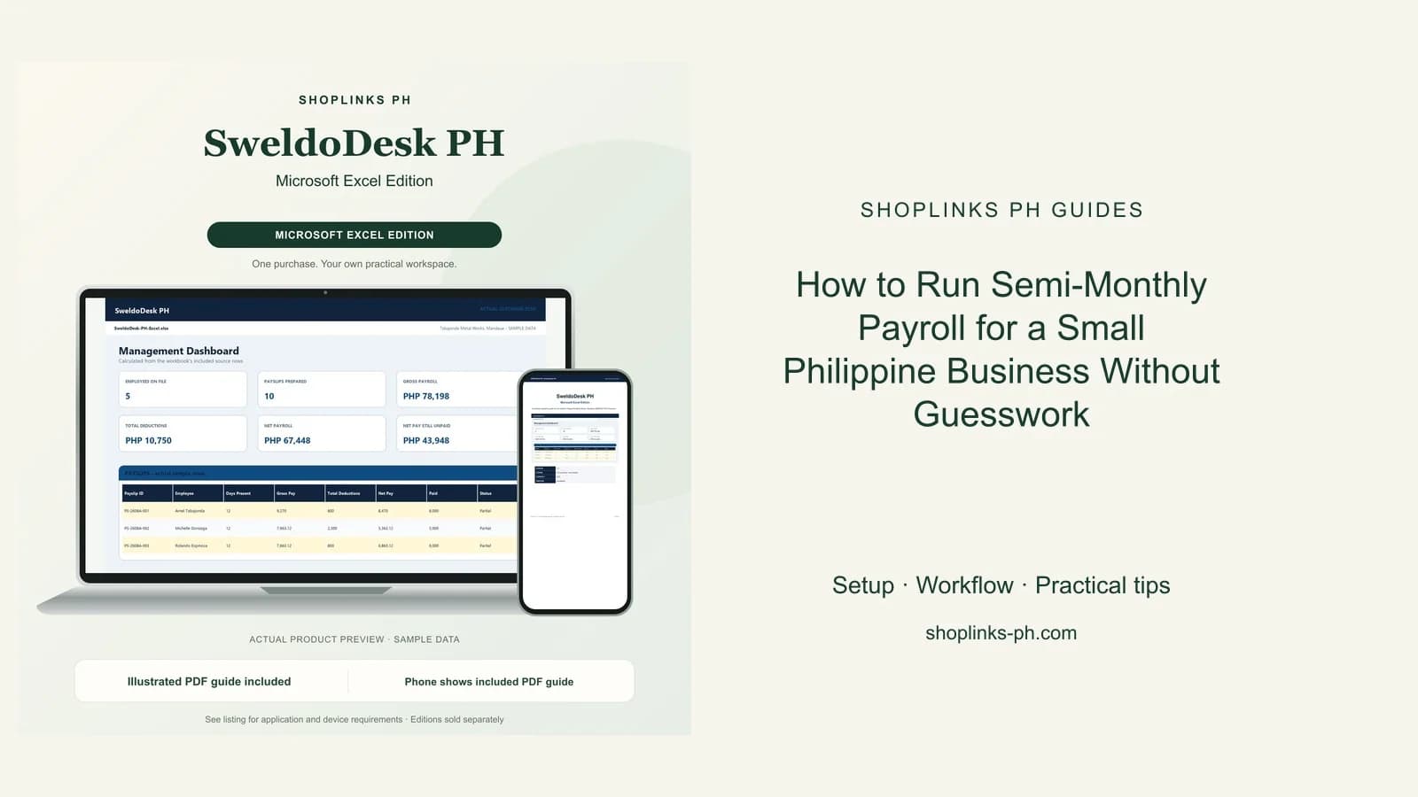 SweldoDesk PH Microsoft Excel Edition dashboard using fictional sample data