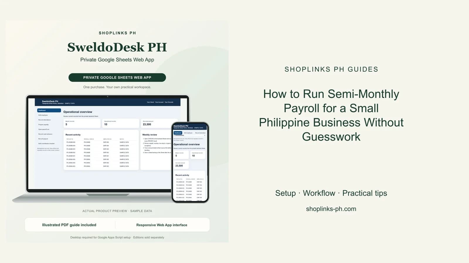 SweldoDesk PH Private Google Sheets Web App dashboard using fictional sample data