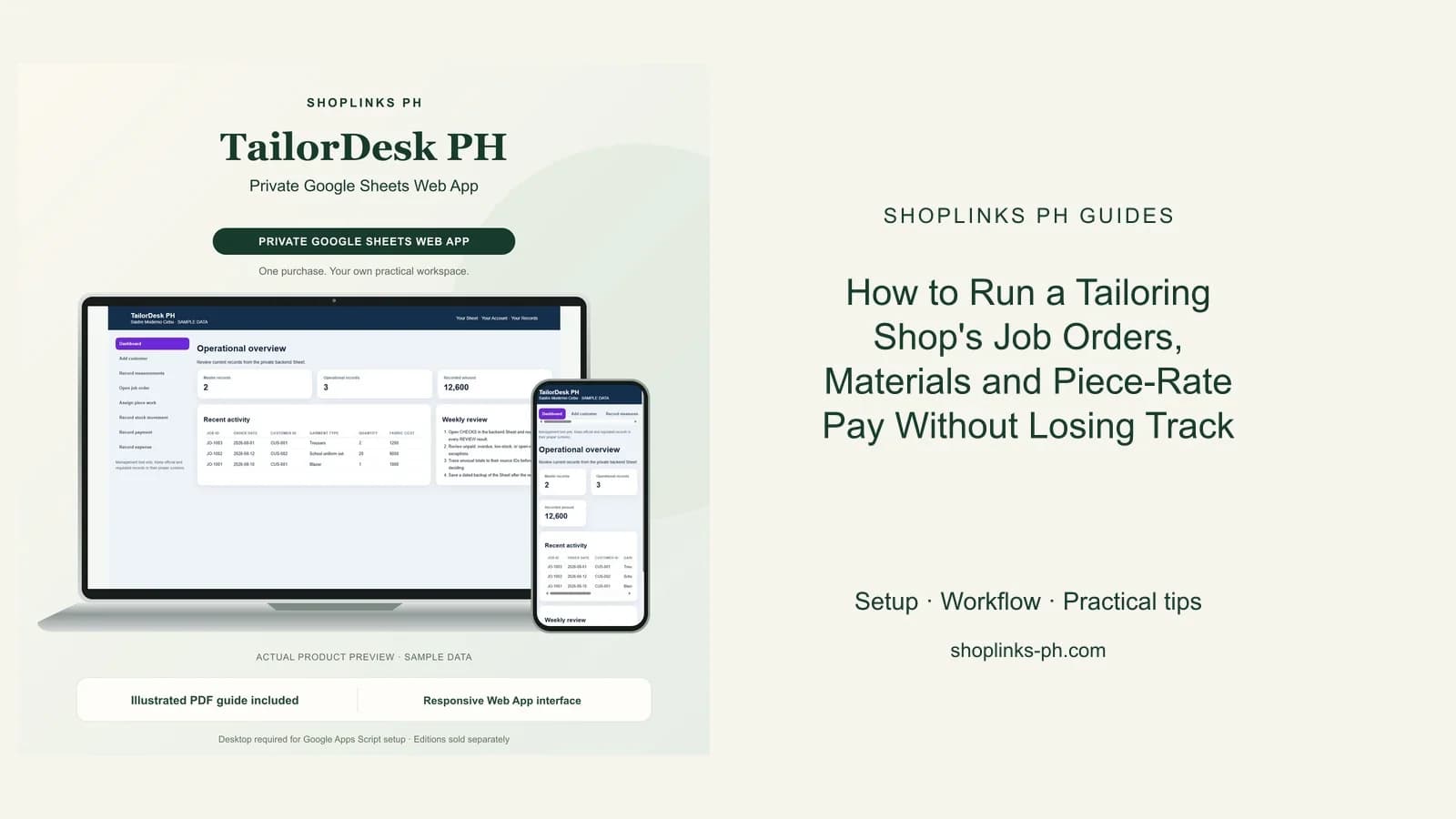TailorDesk PH Private Google Sheets Web App dashboard using fictional sample data