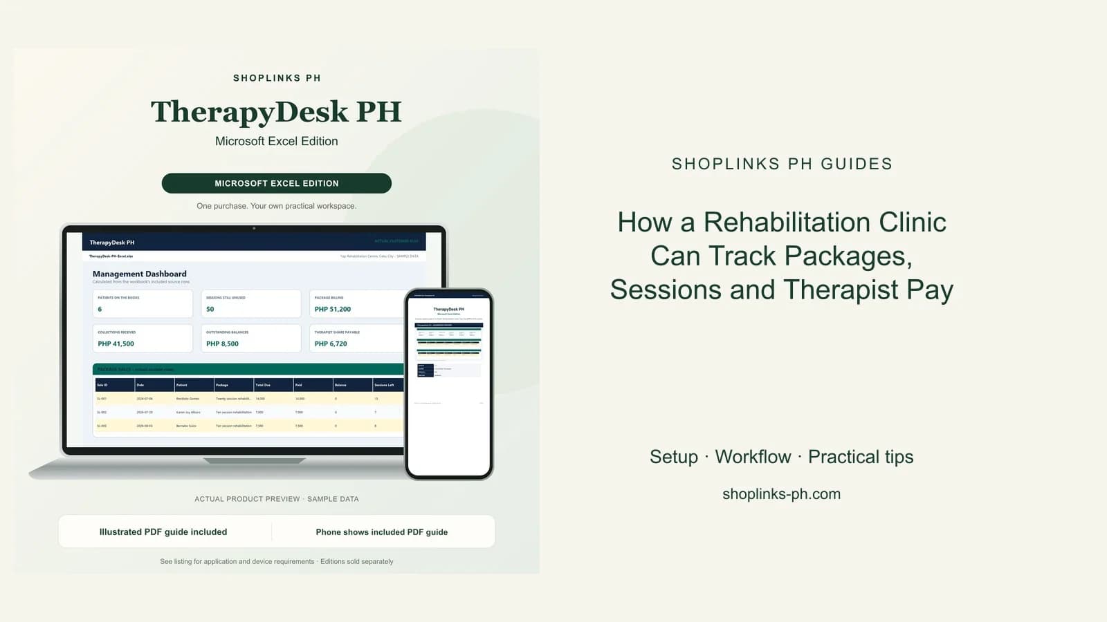 TherapyDesk PH Microsoft Excel Edition dashboard using fictional sample data