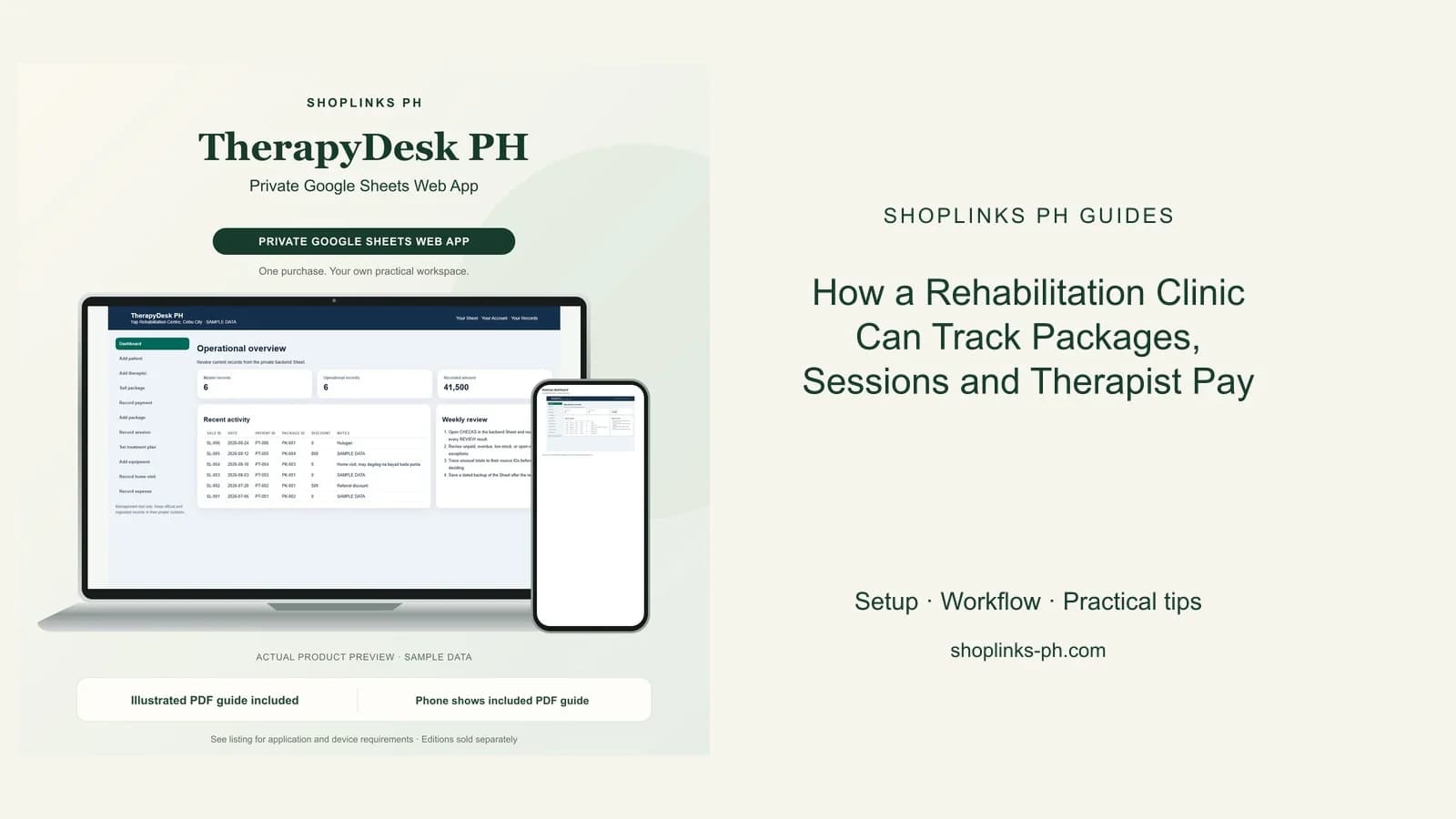 TherapyDesk PH Private Google Sheets Web App dashboard using fictional sample data