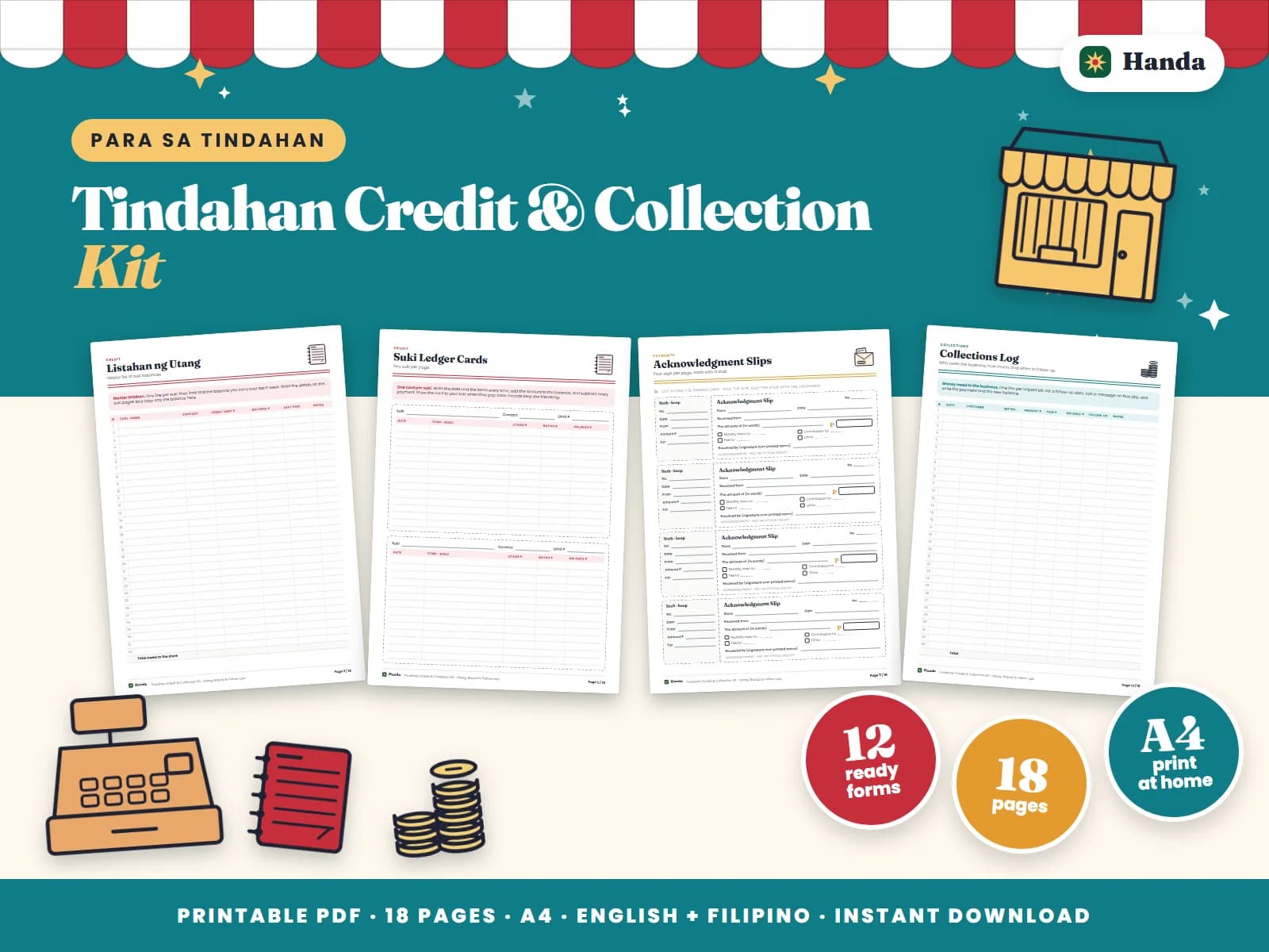 Cover of Tindahan Credit & Collection Kit, a printable store forms kit showing four of its pages