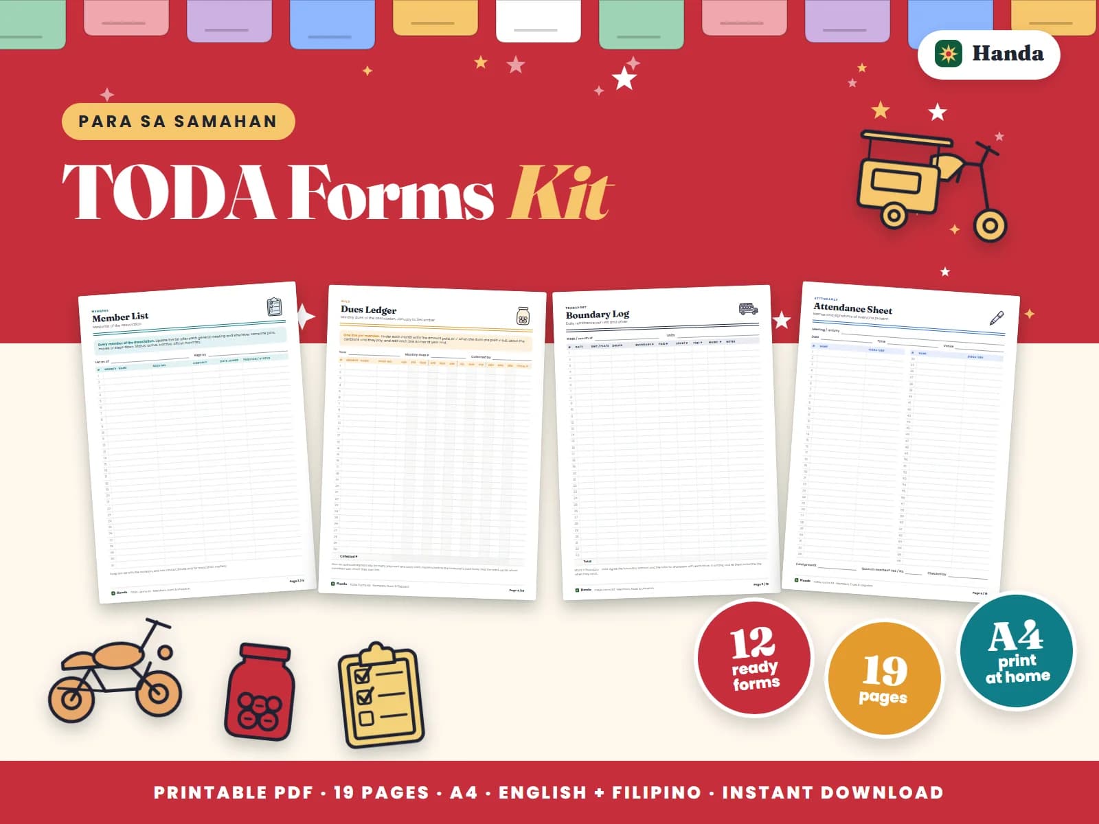 Cover of TODA Forms Kit, a printable association forms kit showing four of its pages