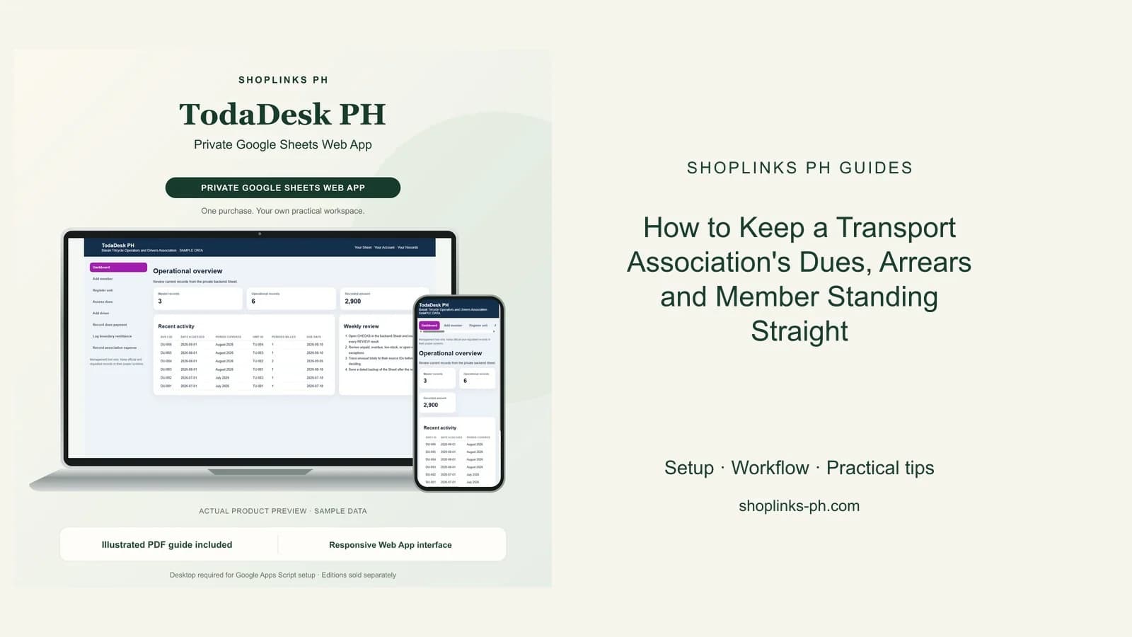 TodaDesk PH Private Google Sheets Web App dashboard using fictional sample data